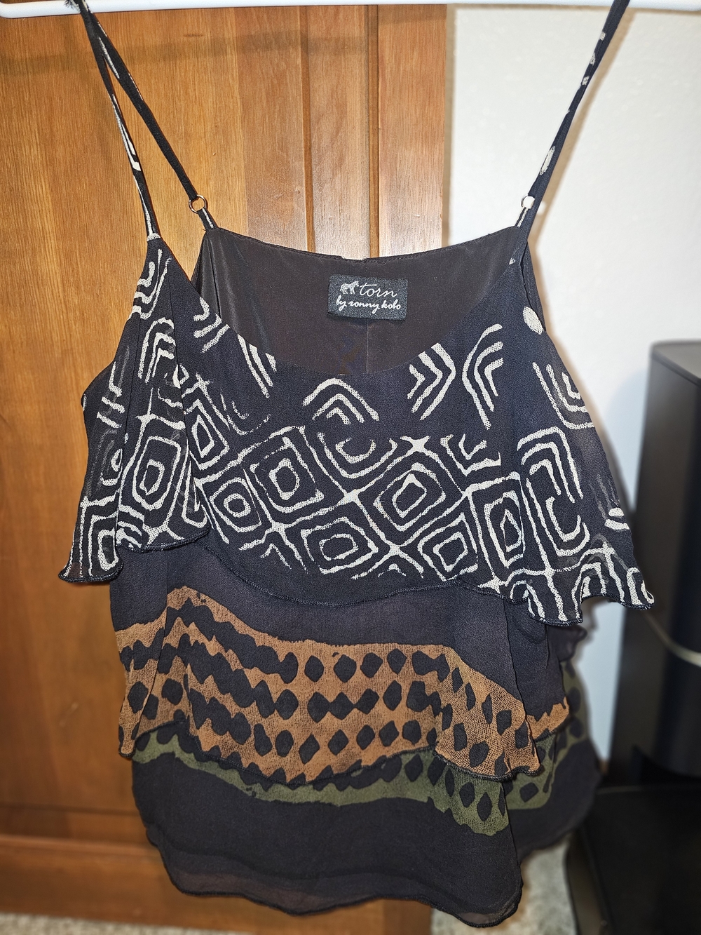 Torn by Ronny Kobo Black Layered Printed Cami with Cream, Brown & Green Accents